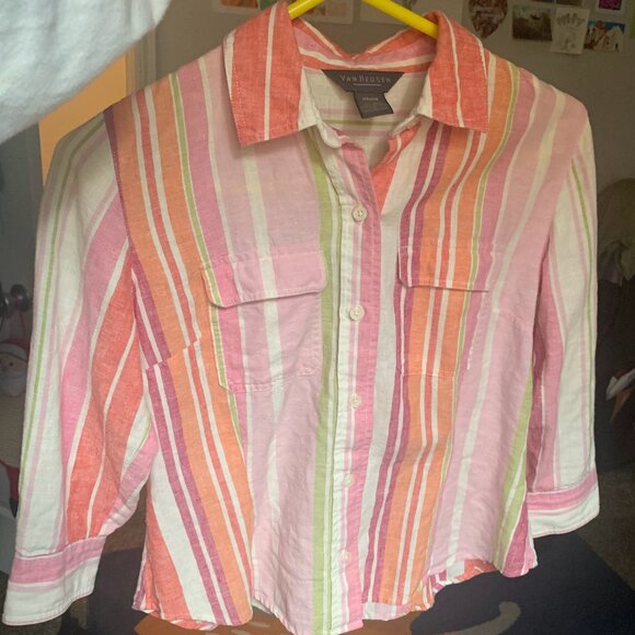 Van Heusen Linen Blend Button Shirt (Pink, Orange, and Green Size S) - Picture 1 of 4
